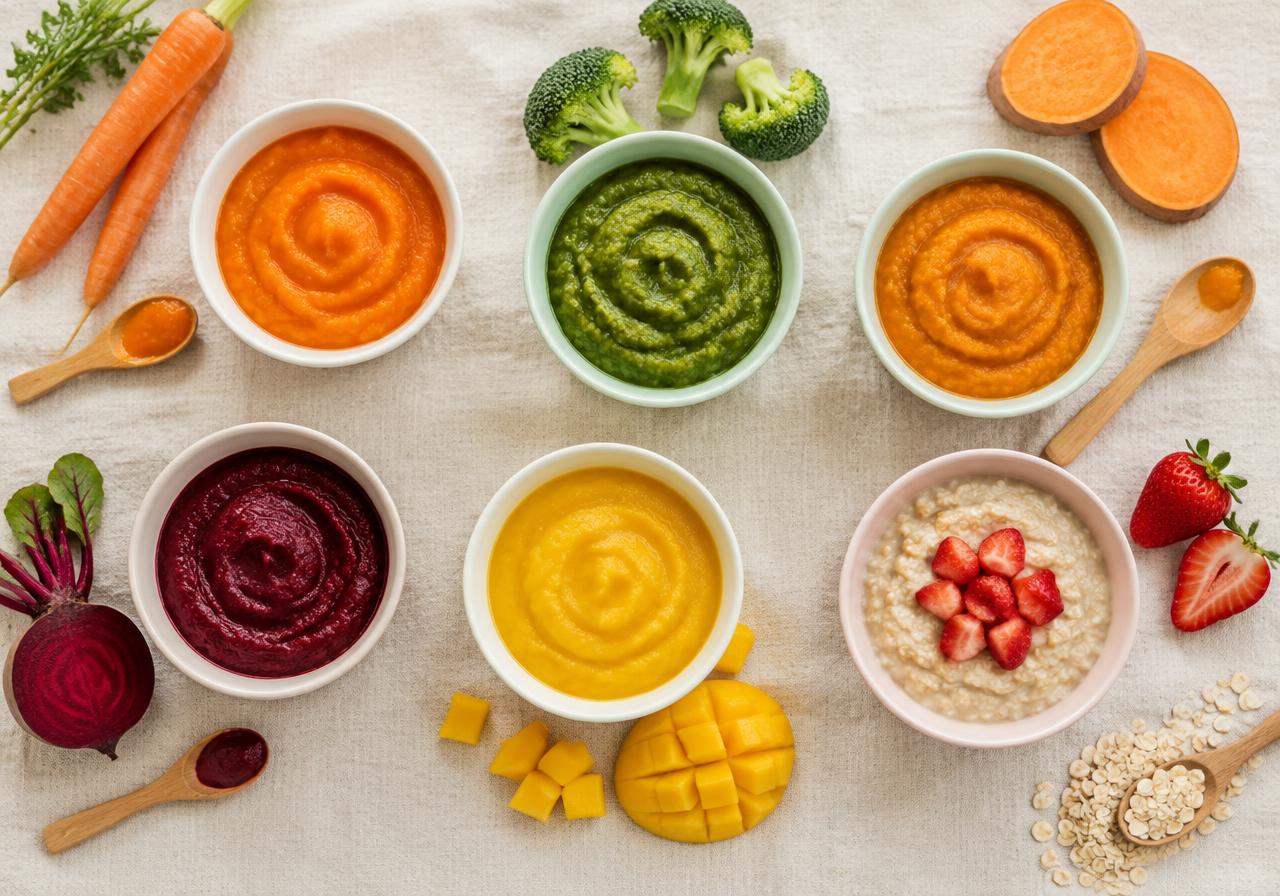 Papinhas coloridas de legumes e frutas